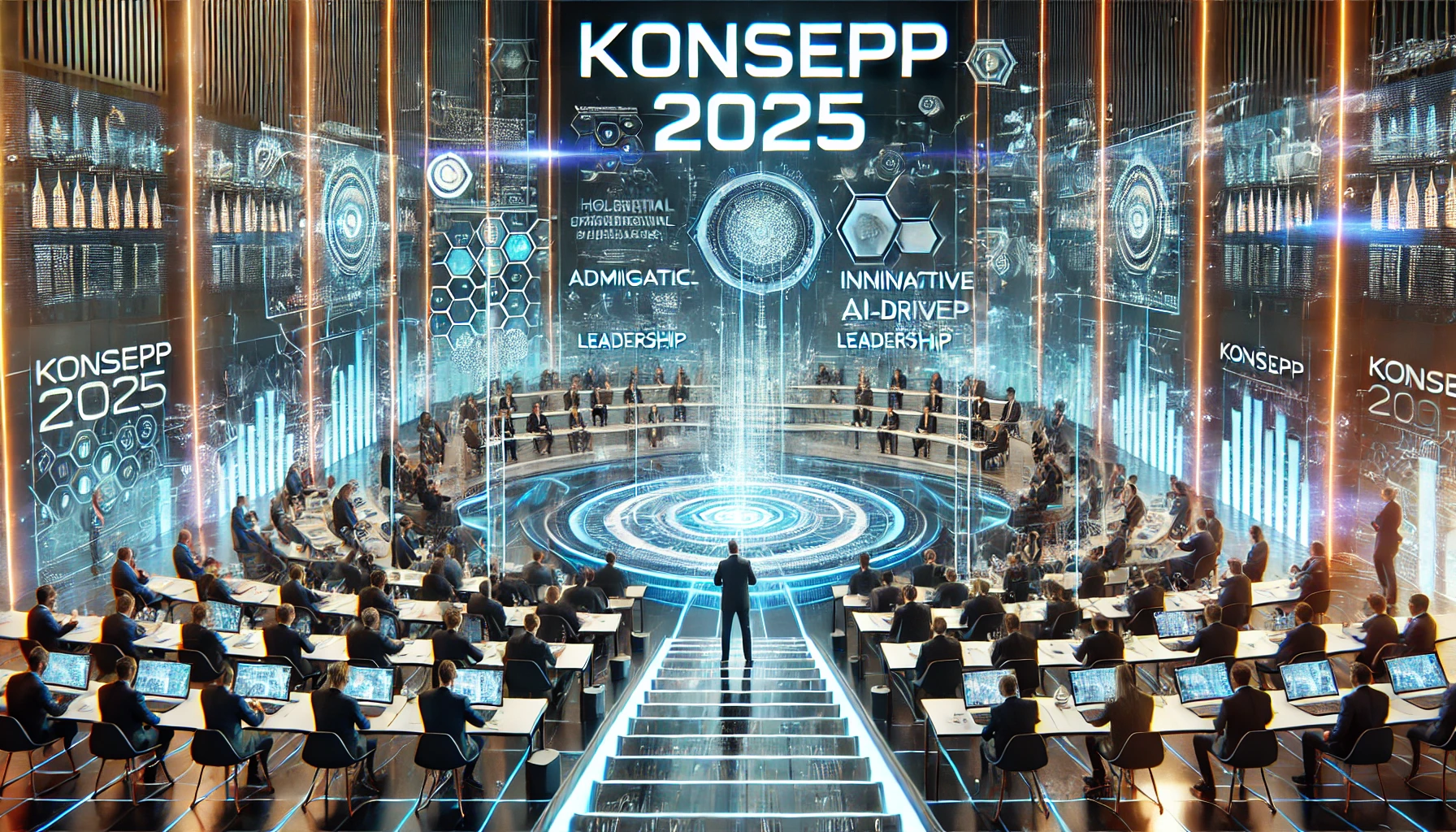 DALL·E 2025-03-20 14.56.31 - A futuristic conference setting for Konsepp 2025 with a high-tech stage and advanced digital displays. The scene features business professionals engag